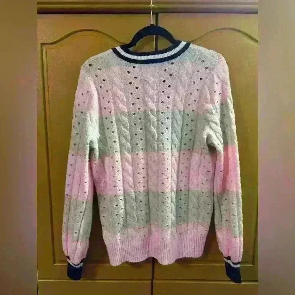 Plus 00 Torrid Vegan Cashmere Pullover Henley Striped Sweater Pink Navy Beige - Picture 3 of 5